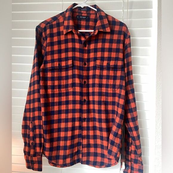 Lucky Brand Orange Navy Check Flannel Long Sleeve Shirt Sz S Button Up Thermal - Picture 1 of 6